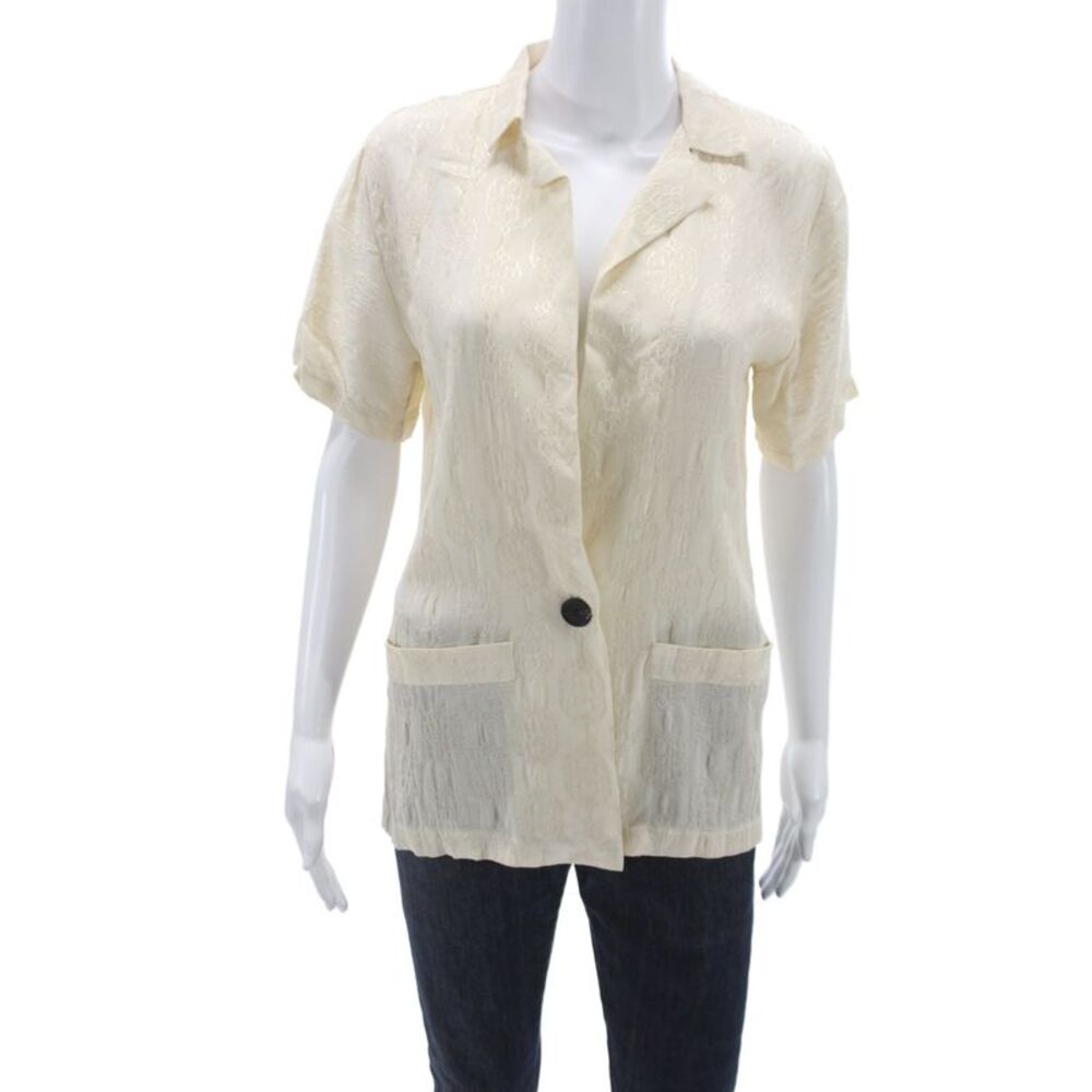 Muze Women Basic Button-Up Ivory Collared Geometric Short Sleeve Top Size M